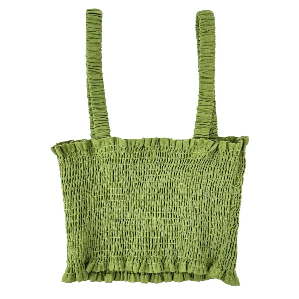Reformation Vera Linen 2 Piece Set - Green Smocked Top & Matching Cropped Pants
